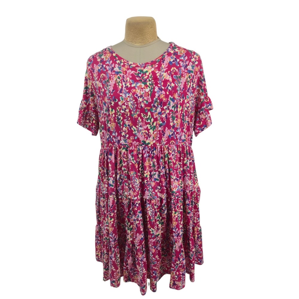 Haptics Tiered Babydoll Dress Women 2X Pink Floral Short Sleeve Boho Pockets
